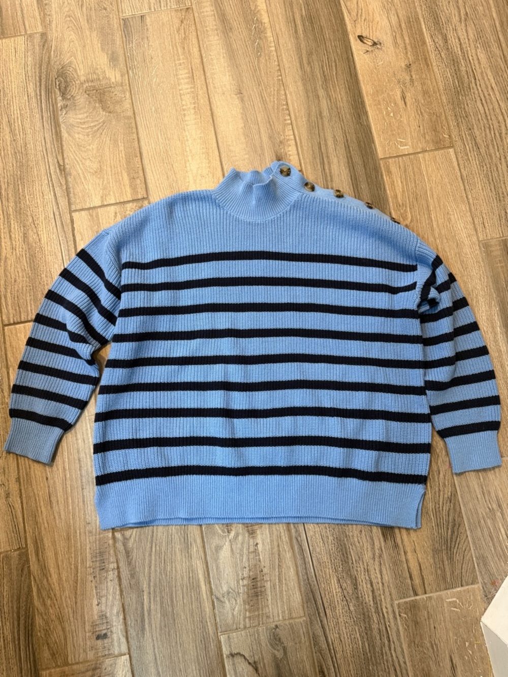 LOFT Light Navy Striped Mock Neck Sweater Shoulder Buttons Nautical XL NWT - Picture 2 of 9